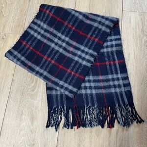 Vintage Royal Rossi Plaid 100% Cashmere Women's Scarf - Navy, Gray & Red Fringes